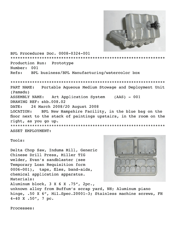 AAS (Art Application System).  Watercolor box prototype made at BPL for use in -002 Outsourcing Mission To China.  Download this report here.