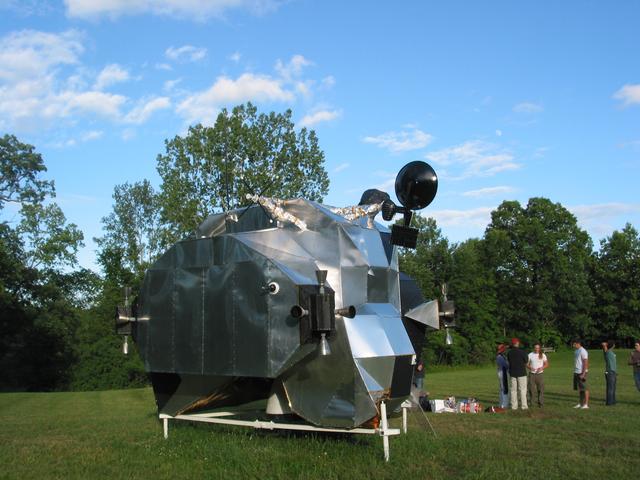 LEM, 2003-2007, 13'X11'X14', aluminum, steel, epoxy, wood, rubber, money
Lunar Excursion Module, right rear 3/4 view at Art Omi, 2004