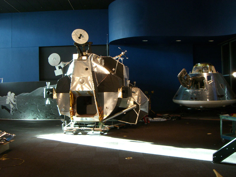 LEM, 2003-2007, 13'X11'X14', aluminum, steel, epoxy, wood, rubber, money
LEM next to an Apollo Command Module during installation of space exhibit at the Museum Of Flight, Seattle, WA, spring, 2007