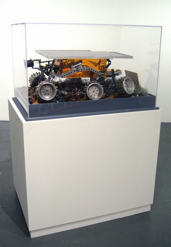 Limited Intelligence Marginally Produced Exploration Rover (LIMPER)
2007, aluminum, urethane, acrylic, mylar, cardboard, paper, Kapton, electronics, 12 3/4 x 31 x 21 inches (32 x 79 x 53 cm)
Full view, right side.
