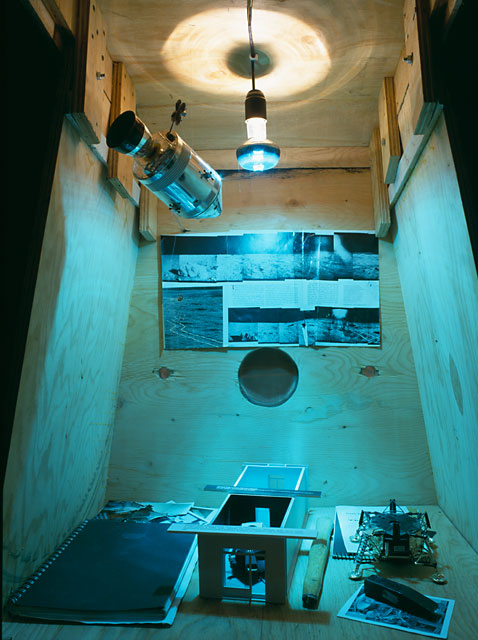 Lunar Excursion Module interior, Galleria Franco Noero, Turin Italy, 2000, with models of Apollo spacecraft and the gallery.
